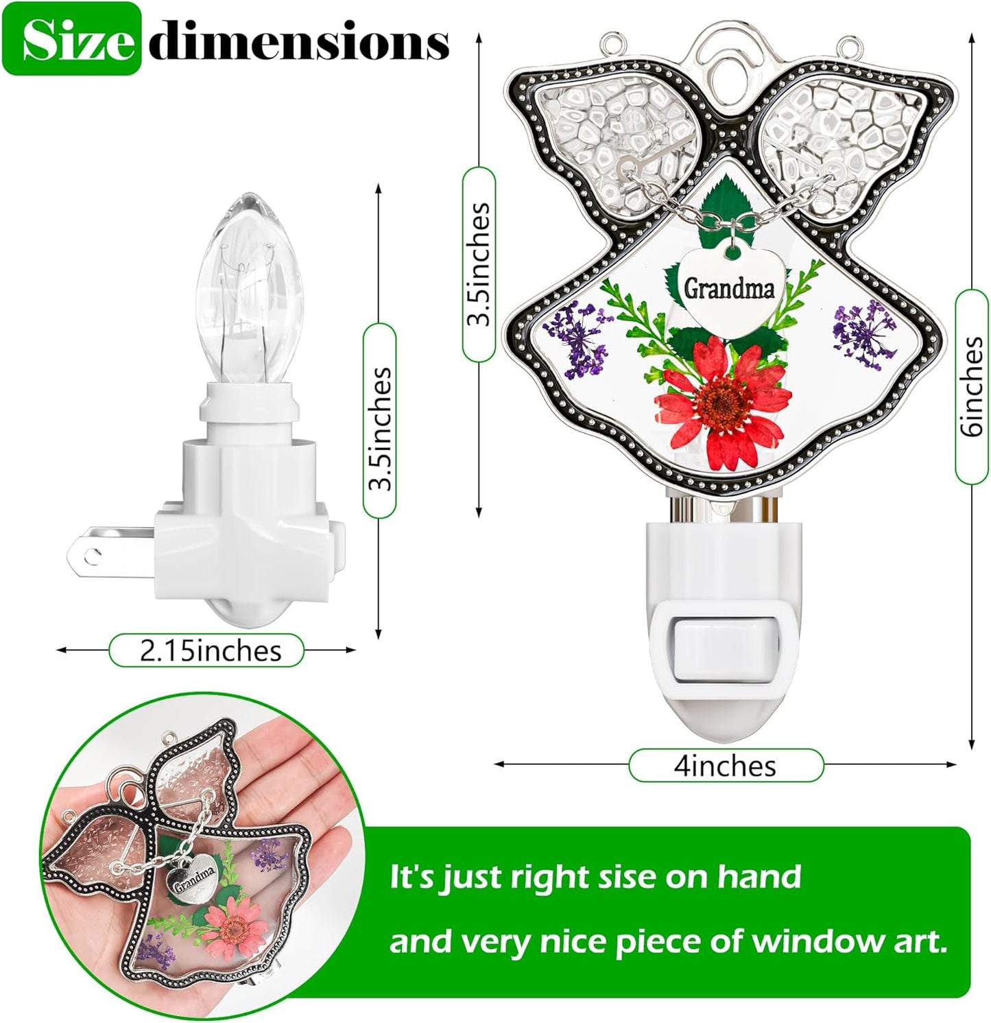 Angel Night Light with Real Pressed Flowers – MOM Heart Pendant Gift for Mother