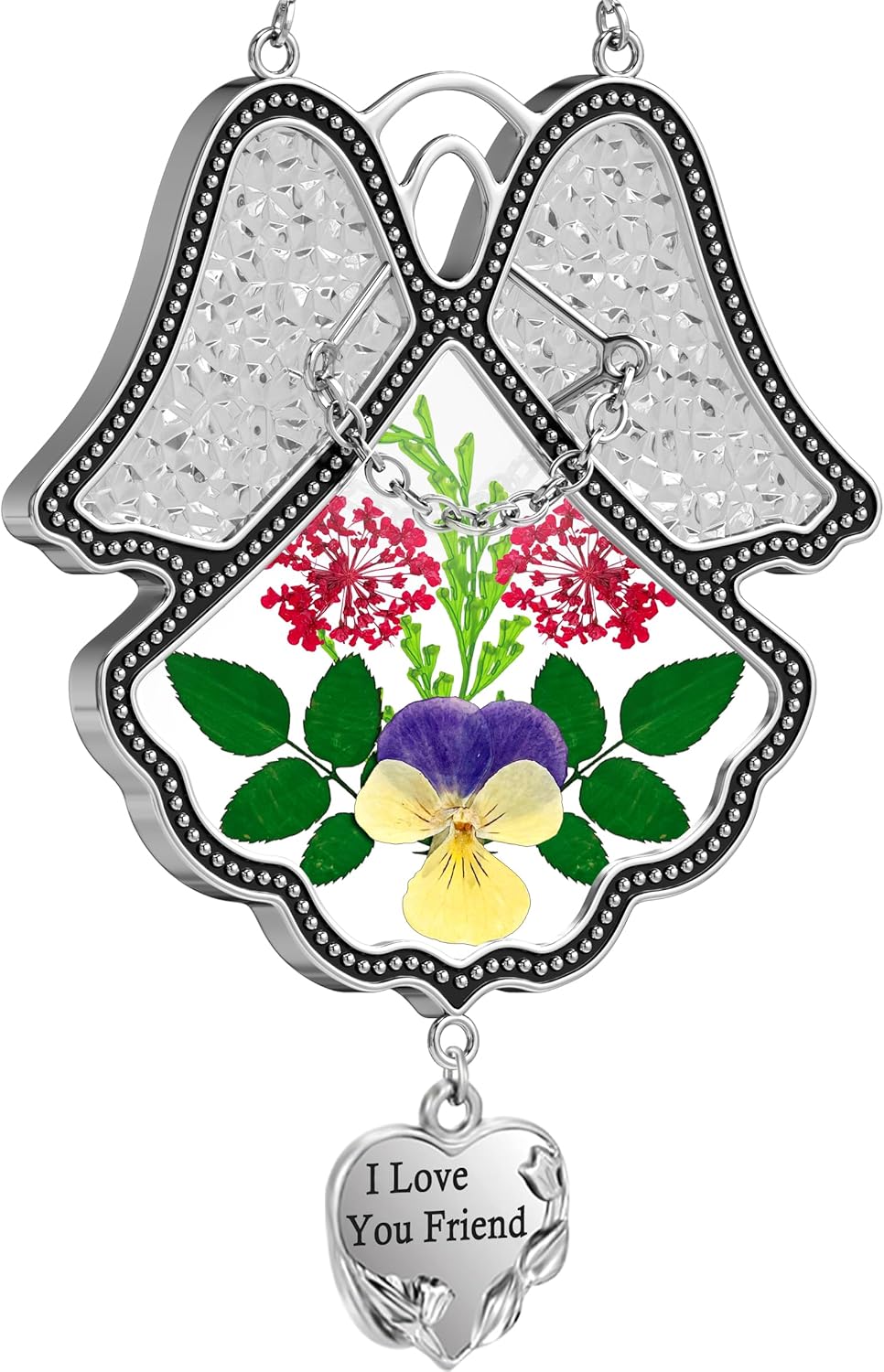 Angel Suncatcher with Real Pressed Flowers – “Faith Hope Love” Heart Charm