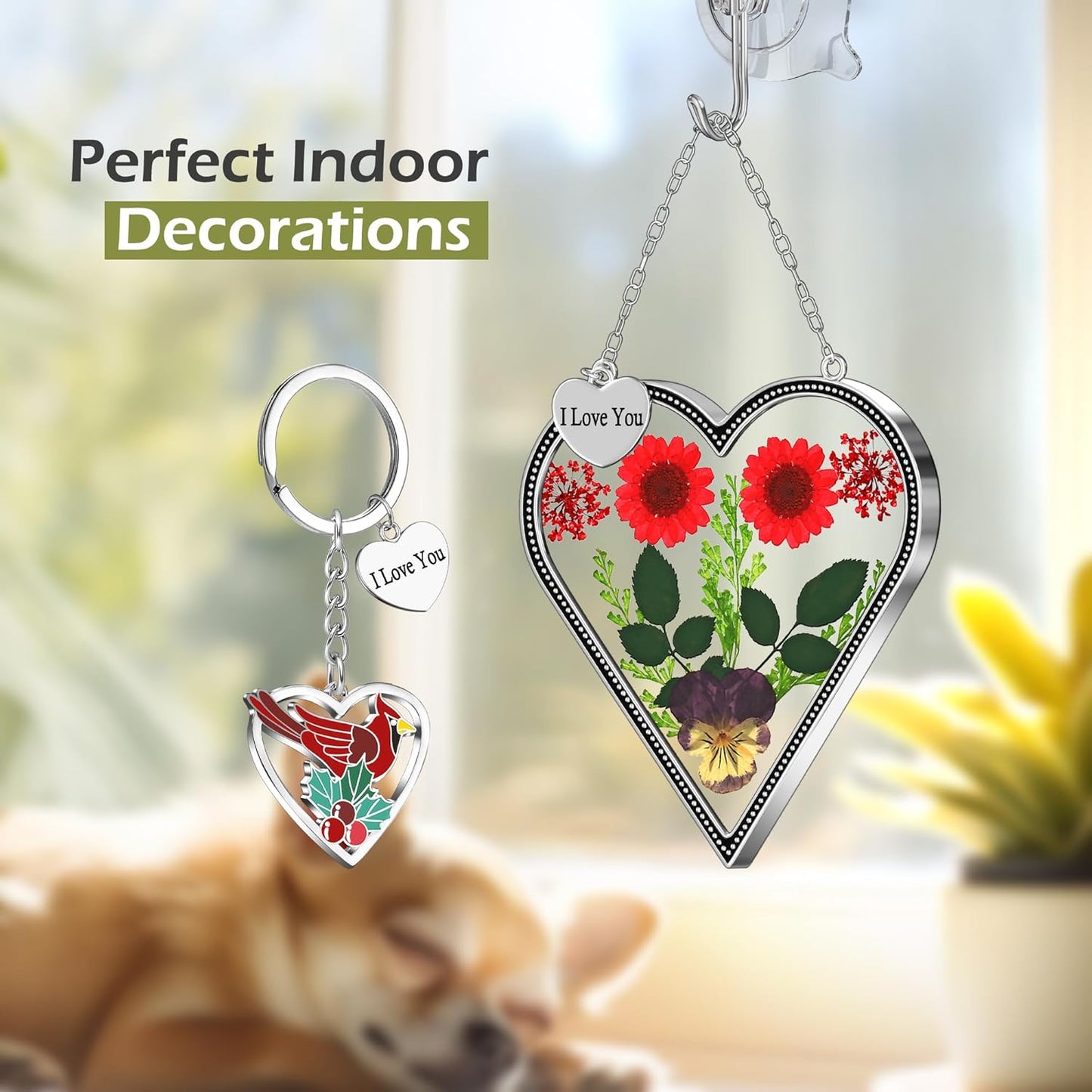 Heart-Shaped Real Flower Suncatcher with 'I Love You' Keychain Gift Set