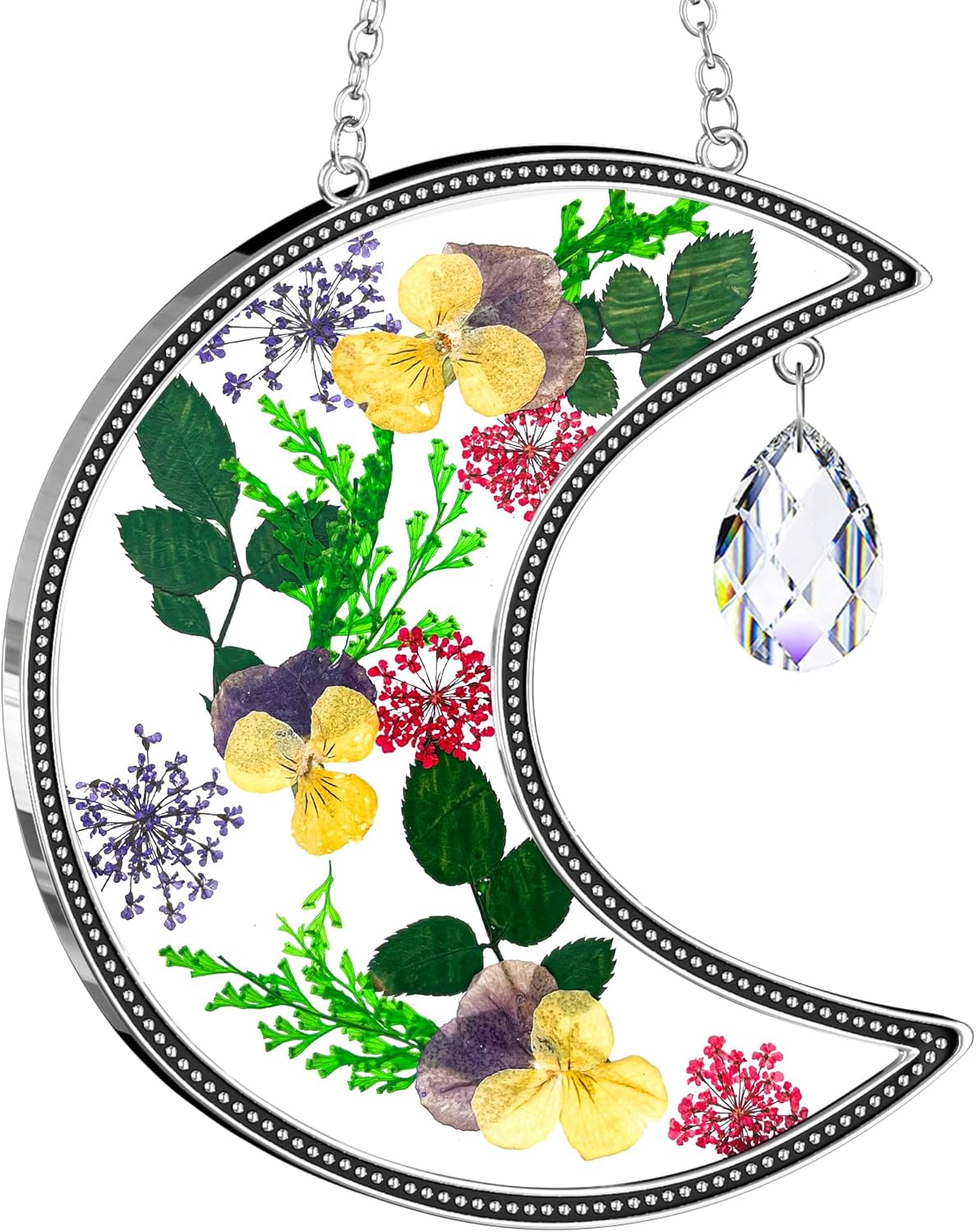 Moon Crescent Pressed Flower Suncatcher with Crystal Prism | Handmade Real Dried Flower Window Hanging Decor