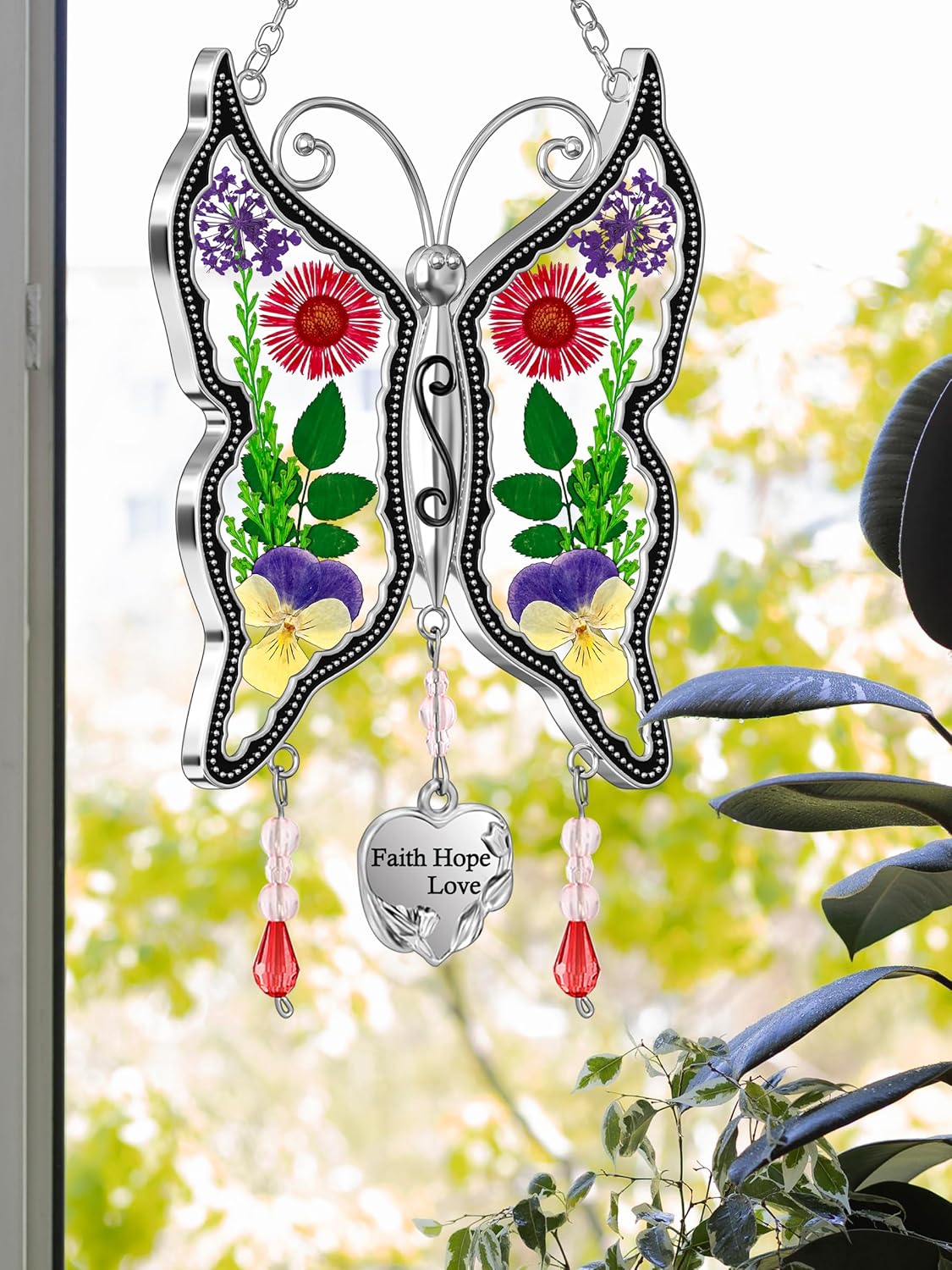 Butterfly Sun Catcher with Real Flowers – "I Love You Nana" Hanging Ornament
