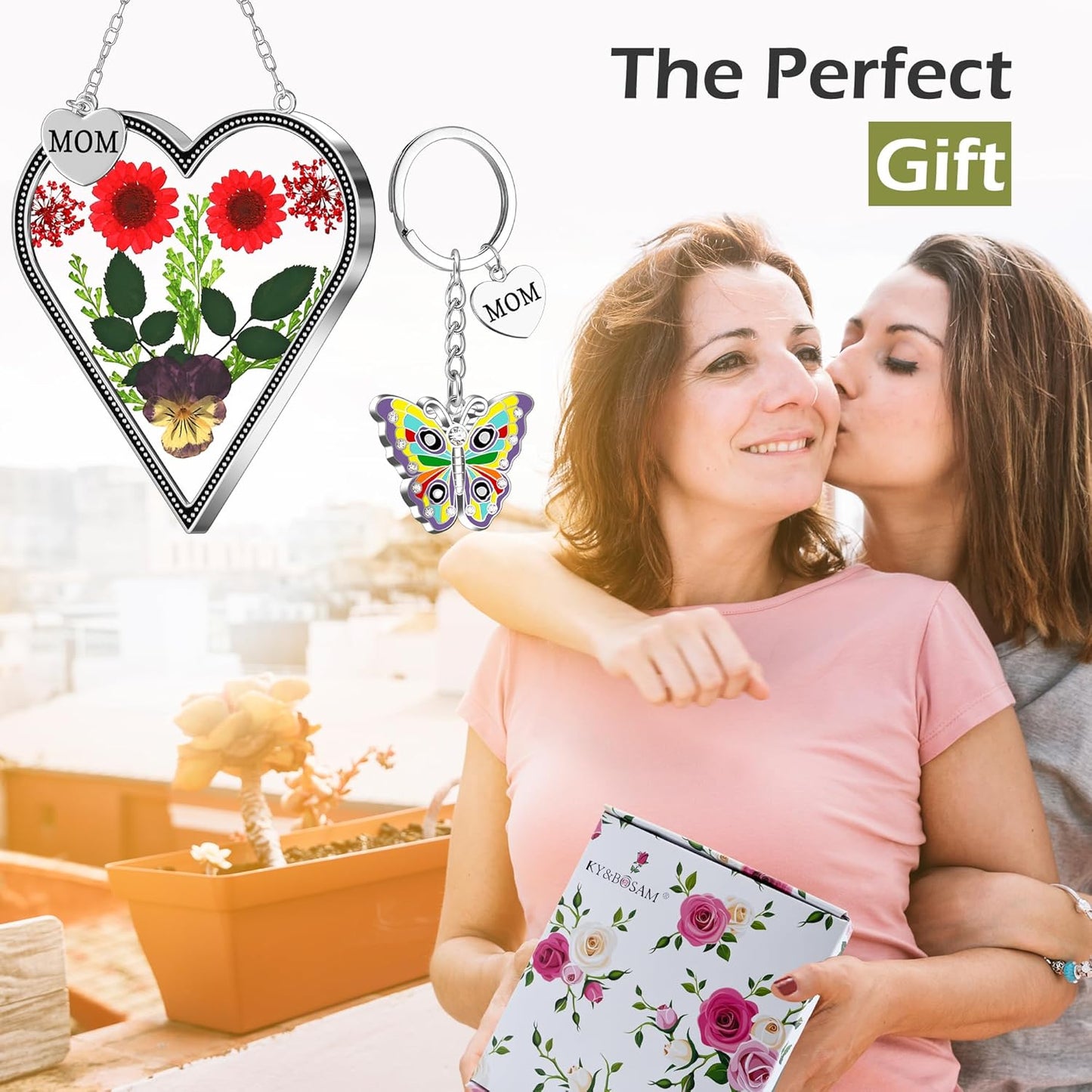 Heart-Shaped Real Flower Suncatcher with 'I Love You' Keychain Gift Set