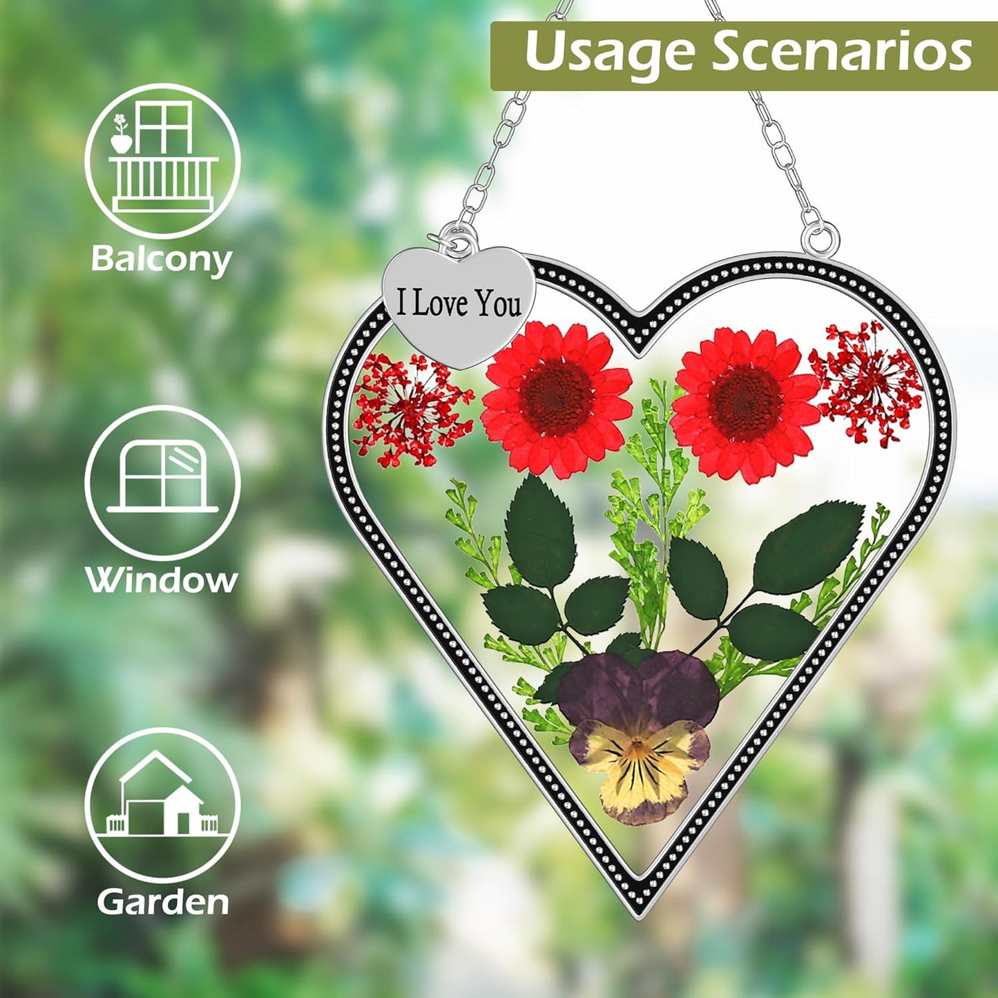 Heart-Shaped Real Flower Suncatcher with 'I Love You' Keychain Gift Set