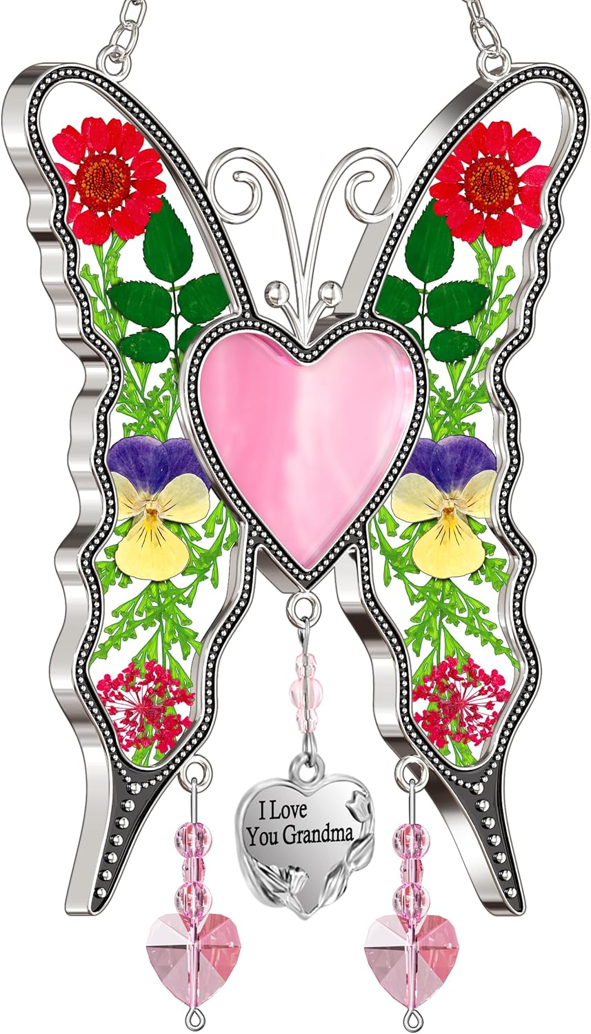 Butterfly Suncatcher with Real Flowers – "I Love You Aunt" Heart Gift