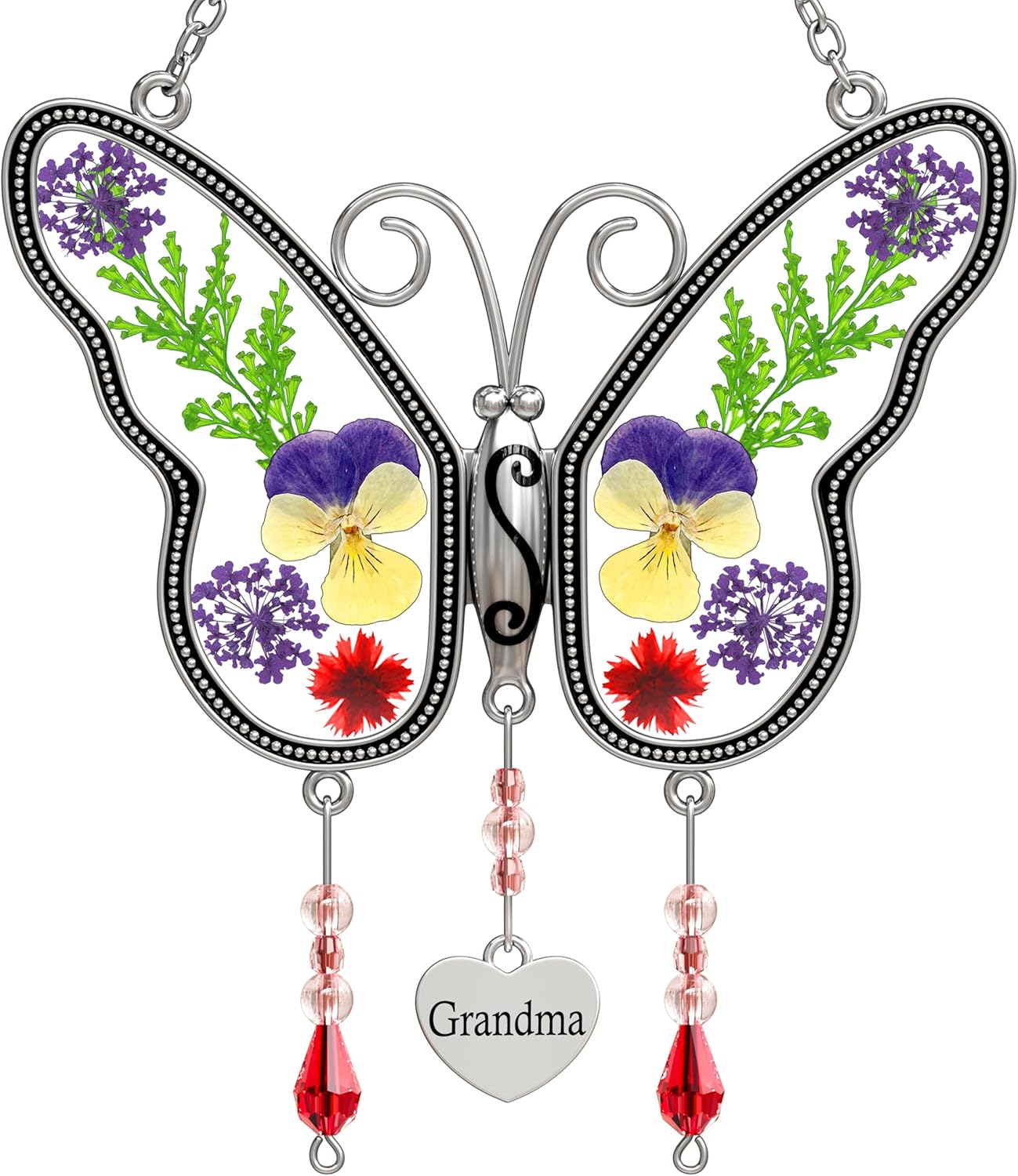 Butterfly Suncatcher with Real Pressed Flowers – “MOM” Heart Charm Window Gift