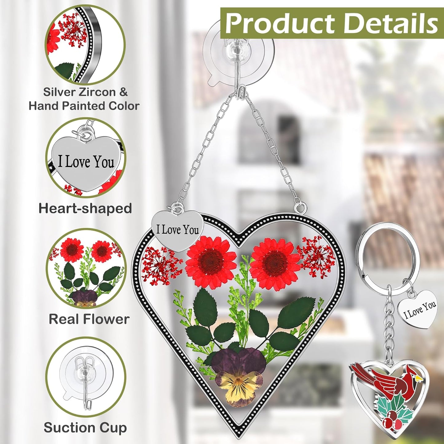 Heart-Shaped Real Flower Suncatcher with 'I Love You' Keychain Gift Set