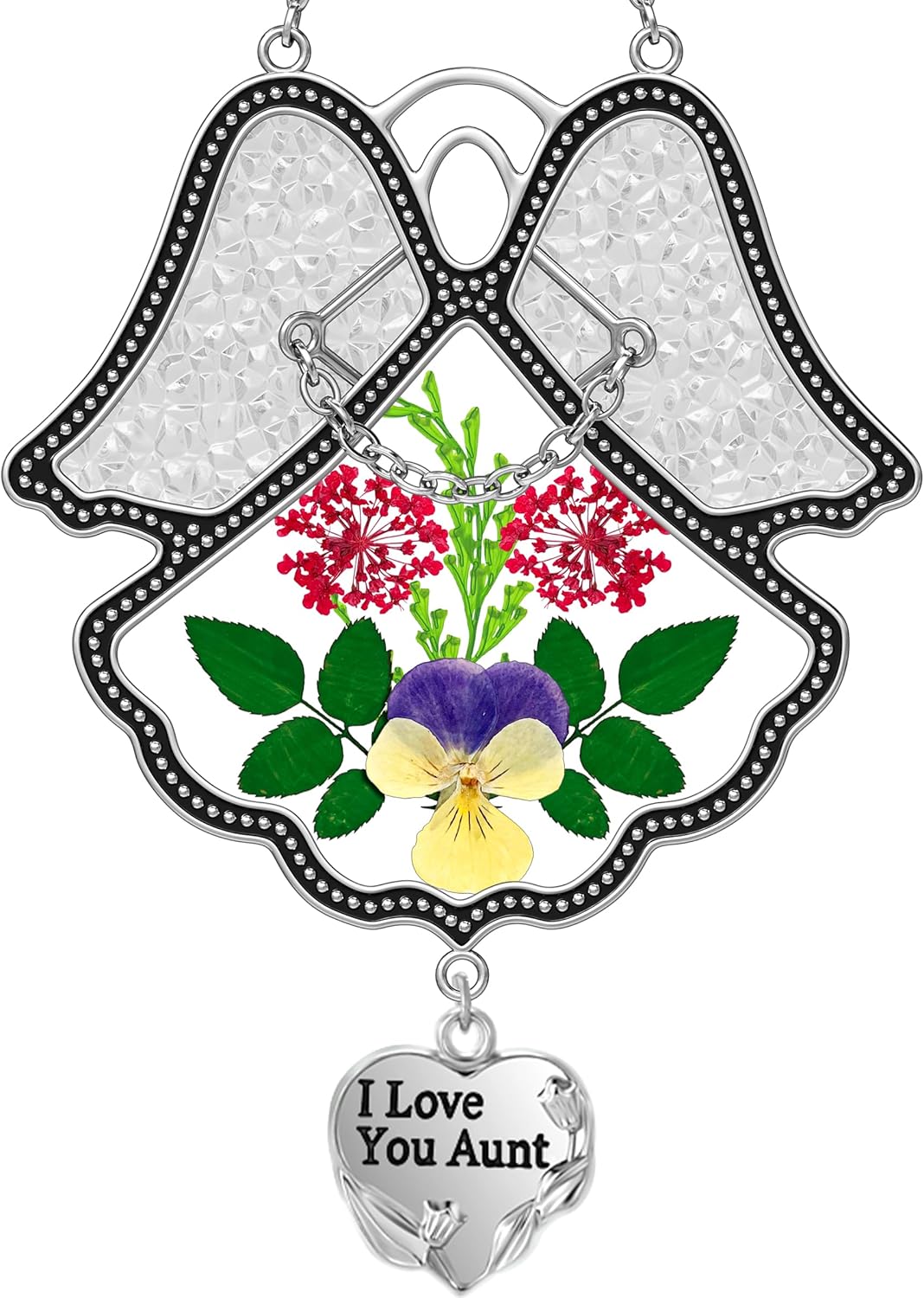 Angel Suncatcher with Real Pressed Flowers – “Faith Hope Love” Heart Charm