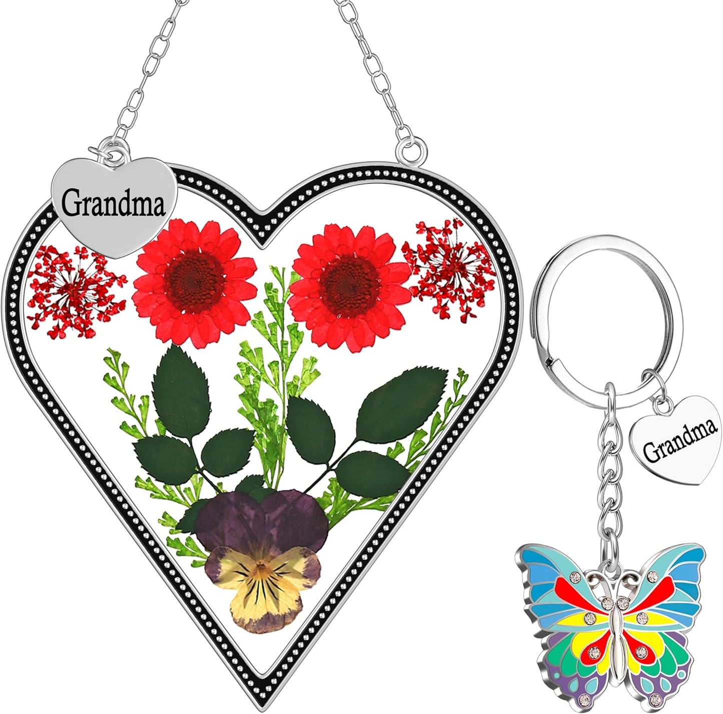 Heart-Shaped Real Flower Suncatcher with 'I Love You' Keychain Gift Set