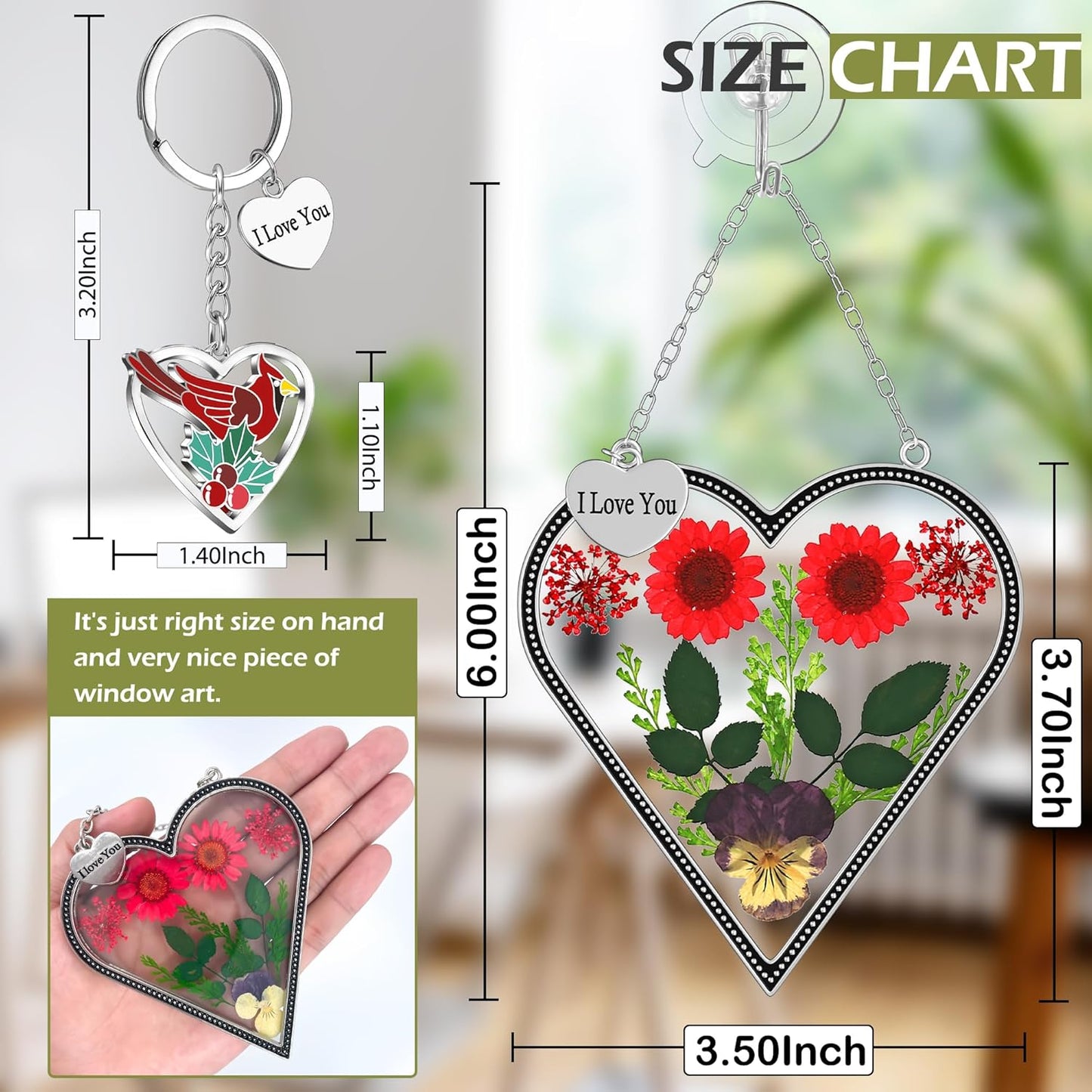 Heart-Shaped Real Flower Suncatcher with 'I Love You' Keychain Gift Set