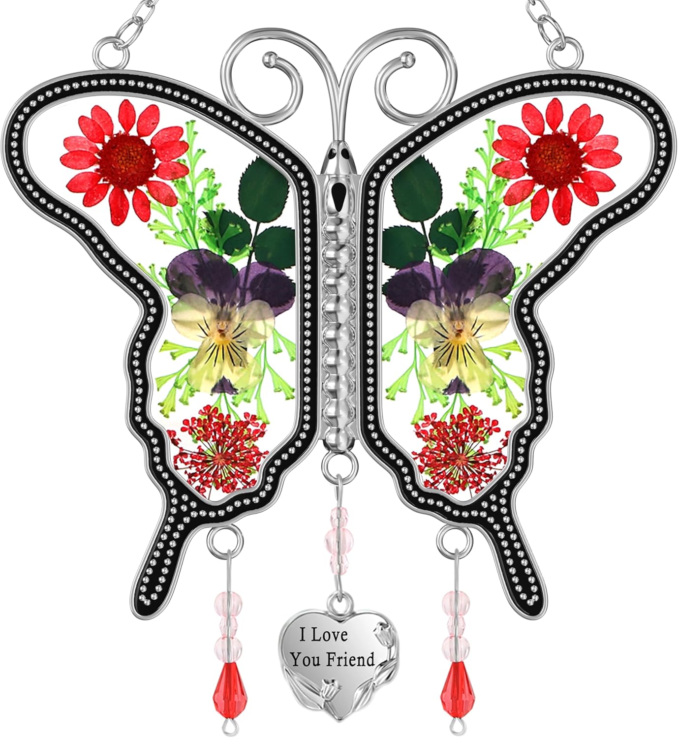 "I Love You Grandma" Butterfly Suncatcher – Handmade Glass Ornament with Real Flowers