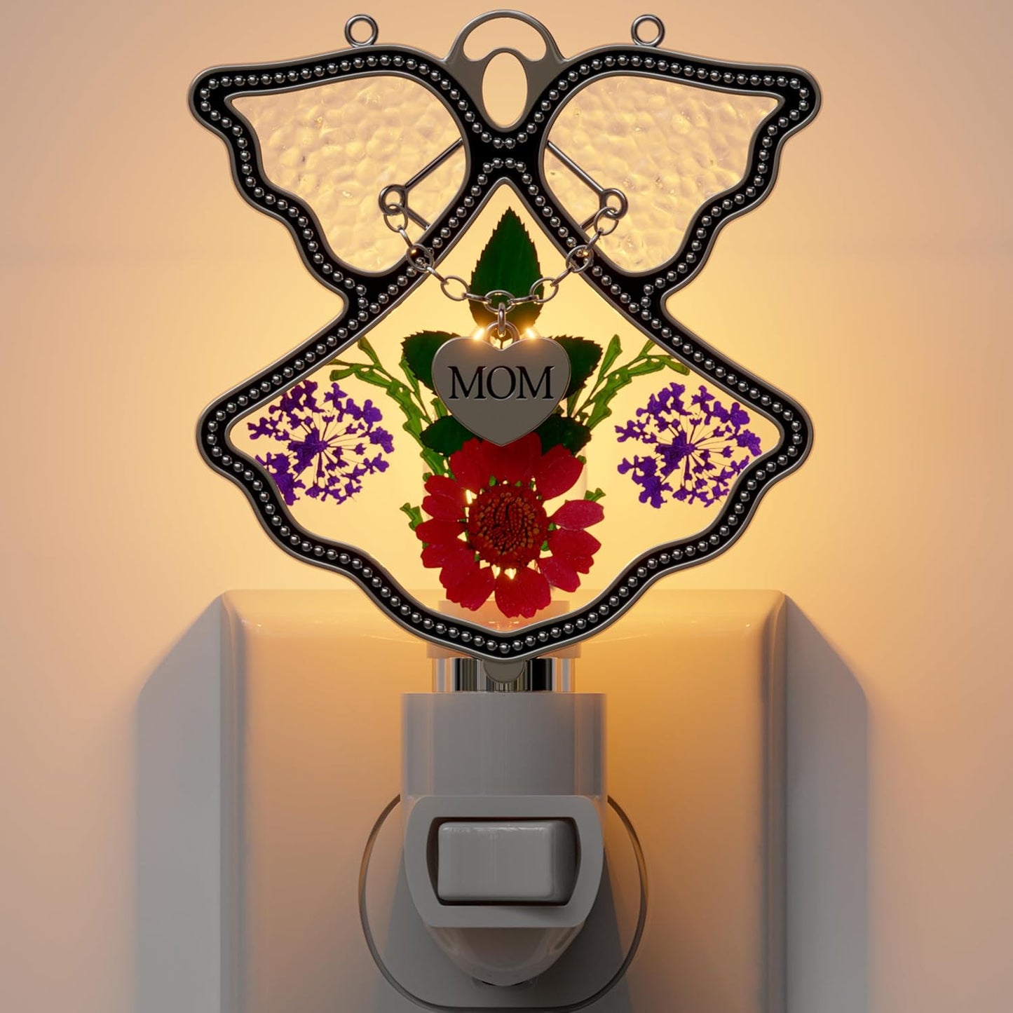 Angel Night Light with Real Pressed Flowers – MOM Heart Pendant Gift for Mother
