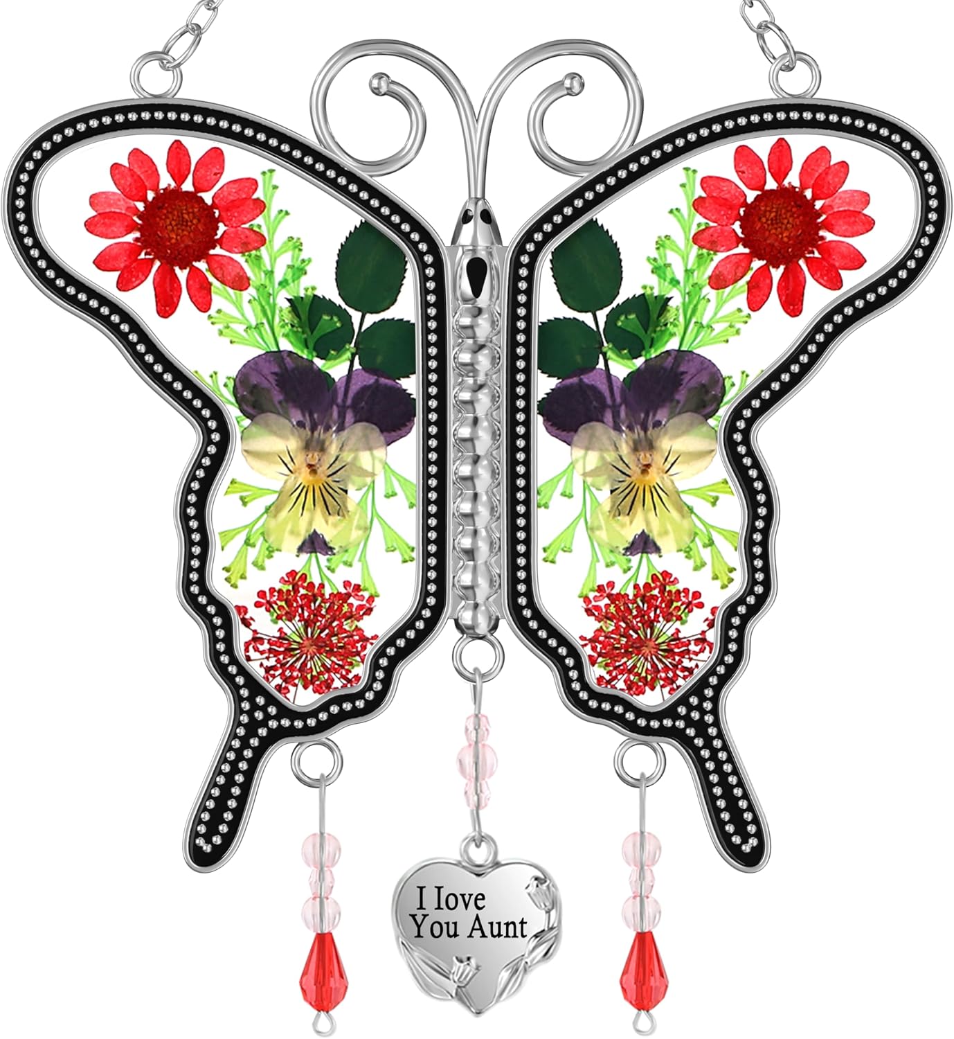 "I Love You Grandma" Butterfly Suncatcher – Handmade Glass Ornament with Real Flowers