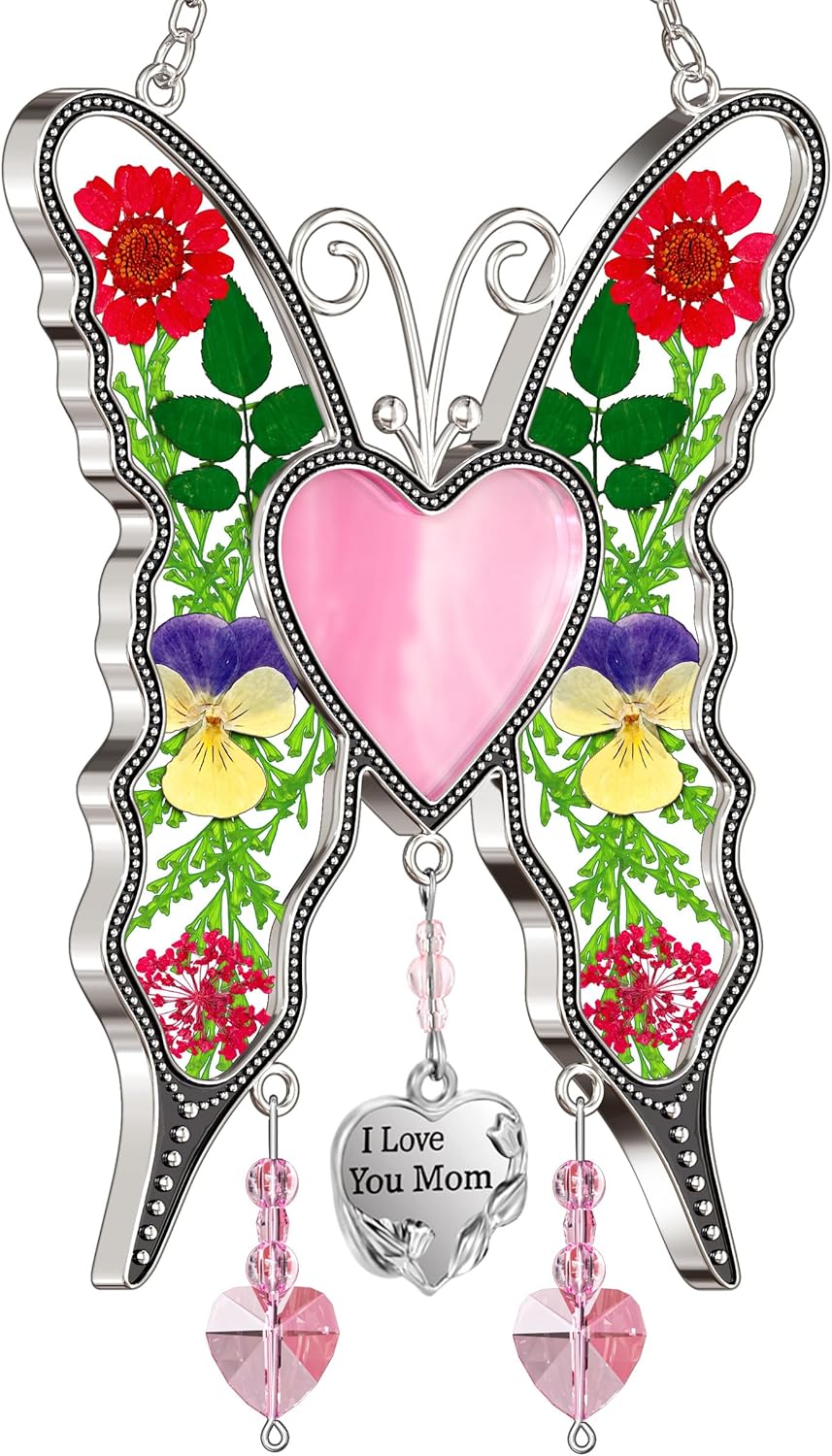 Butterfly Suncatcher with Real Flowers – "I Love You Aunt" Heart Gift