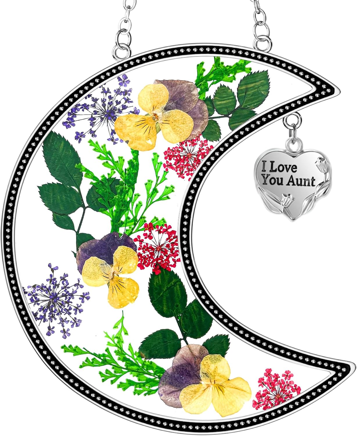 Moon Crescent Pressed Flower Suncatcher with Crystal Prism | Handmade Real Dried Flower Window Hanging Decor