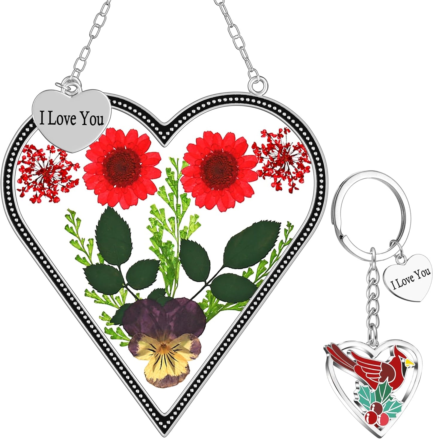 Heart-Shaped Real Flower Suncatcher with 'I Love You' Keychain Gift Set