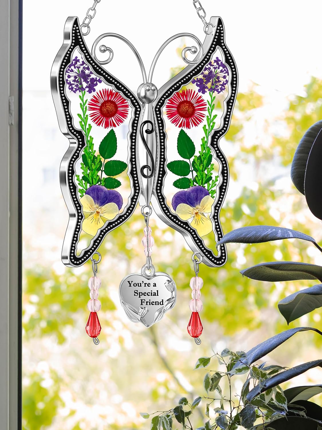 Butterfly Sun Catcher with Real Flowers – "I Love You Nana" Hanging Ornament