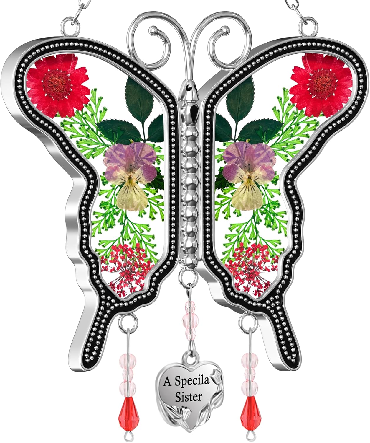 "I Love You Grandma" Butterfly Suncatcher – Handmade Glass Ornament with Real Flowers