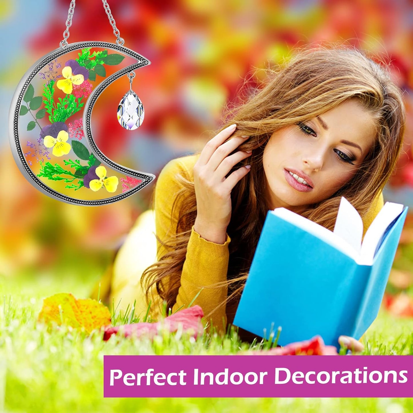 Moon Crescent Pressed Flower Suncatcher with Crystal Prism | Handmade Real Dried Flower Window Hanging Decor