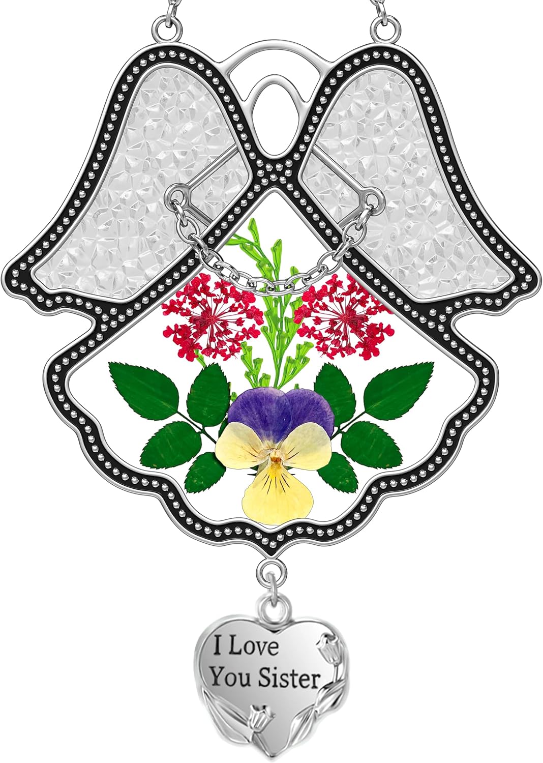 Angel Suncatcher with Real Pressed Flowers – “Faith Hope Love” Heart Charm