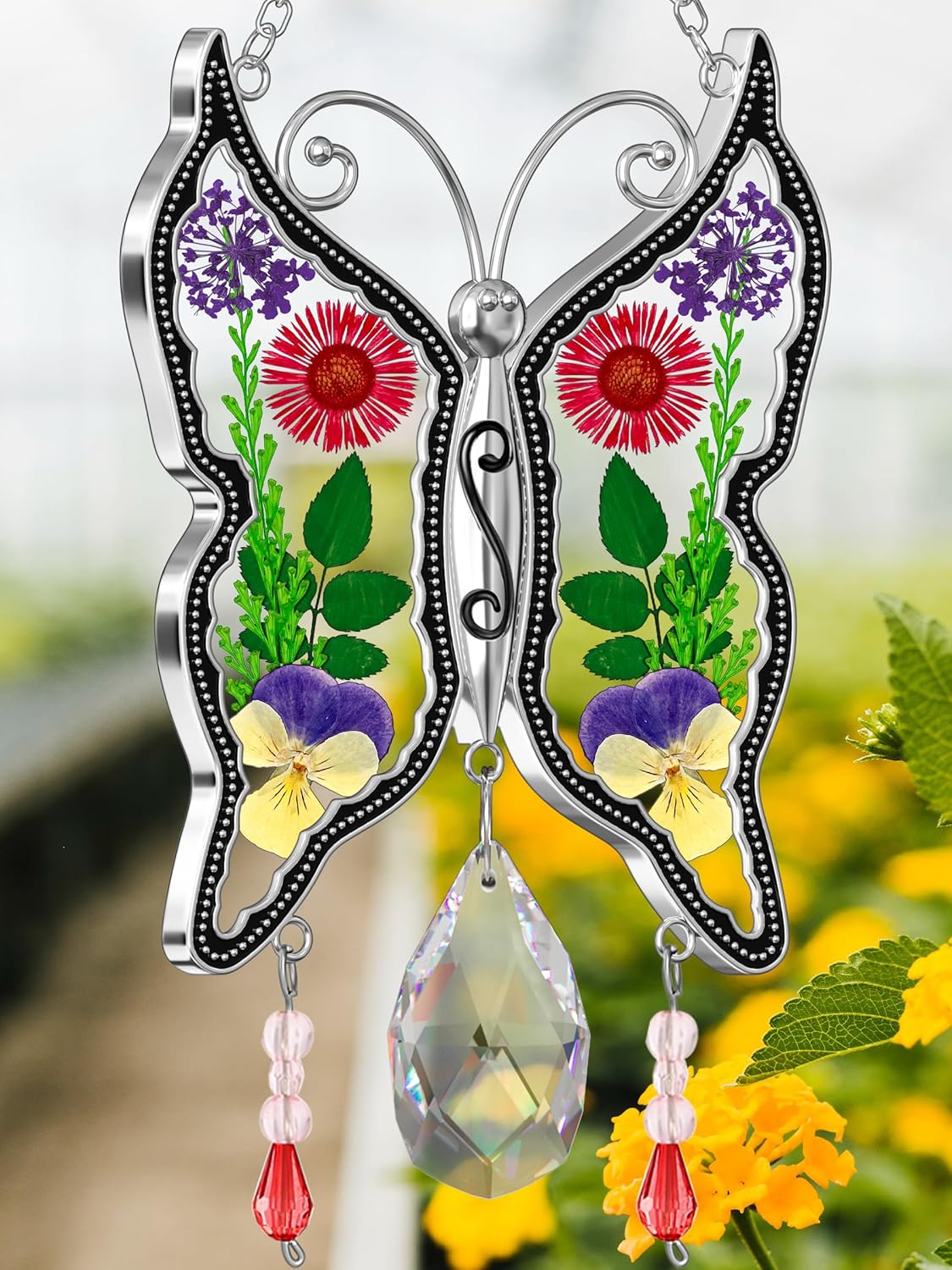 Butterfly Sun Catcher with Real Flowers – "I Love You Nana" Hanging Ornament