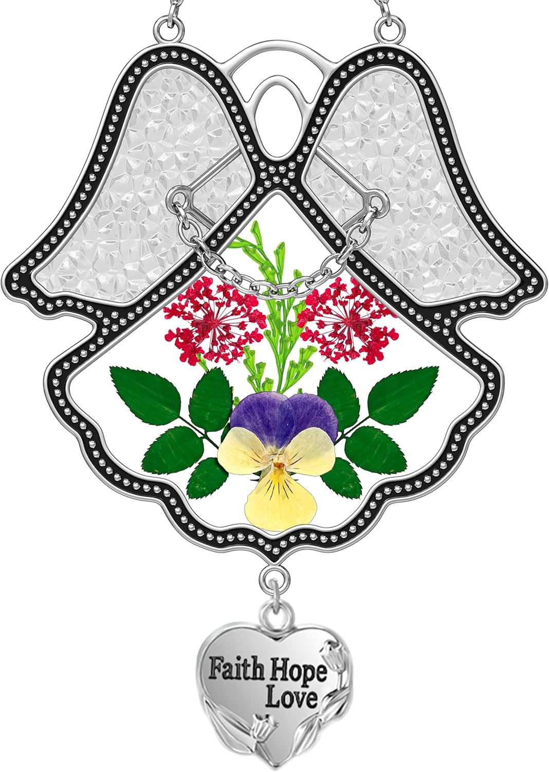 Angel Suncatcher with Real Pressed Flowers – “Faith Hope Love” Heart Charm