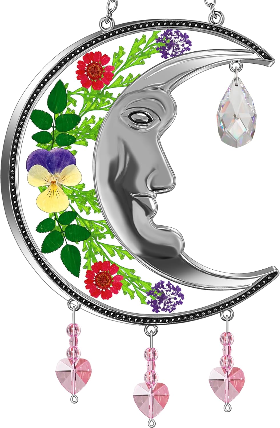 Moon Crescent Pressed Flower Suncatcher with Crystal Prism | Handmade Real Dried Flower Window Hanging Decor