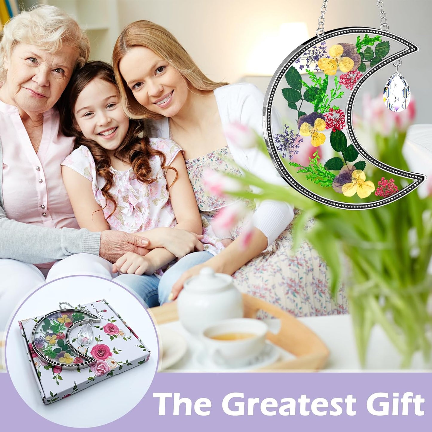 Moon Crescent Pressed Flower Suncatcher with Crystal Prism | Handmade Real Dried Flower Window Hanging Decor