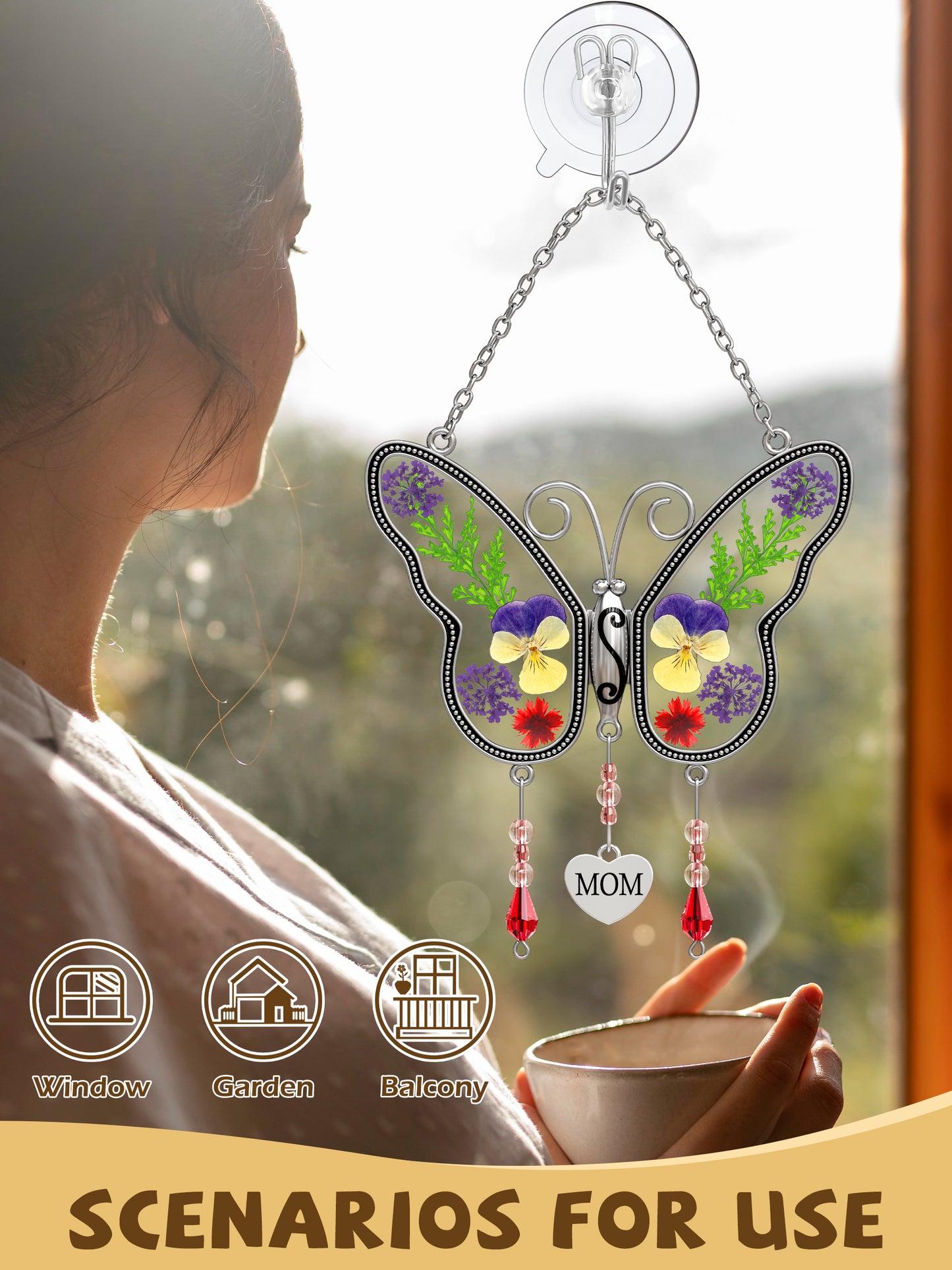 Butterfly Suncatcher with Real Pressed Flowers – “MOM” Heart Charm Window Gift