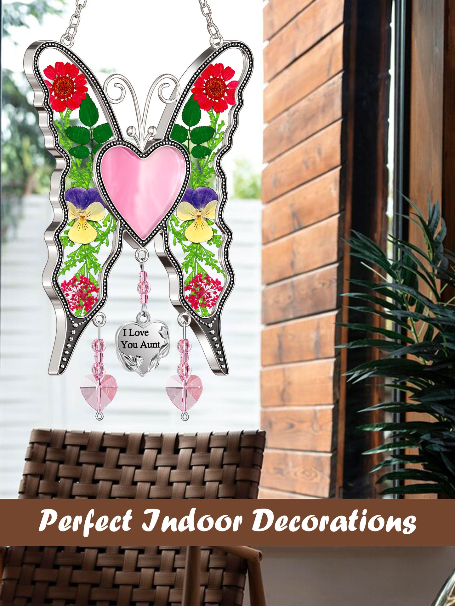 Butterfly Suncatcher with Real Flowers – "I Love You Aunt" Heart Gift
