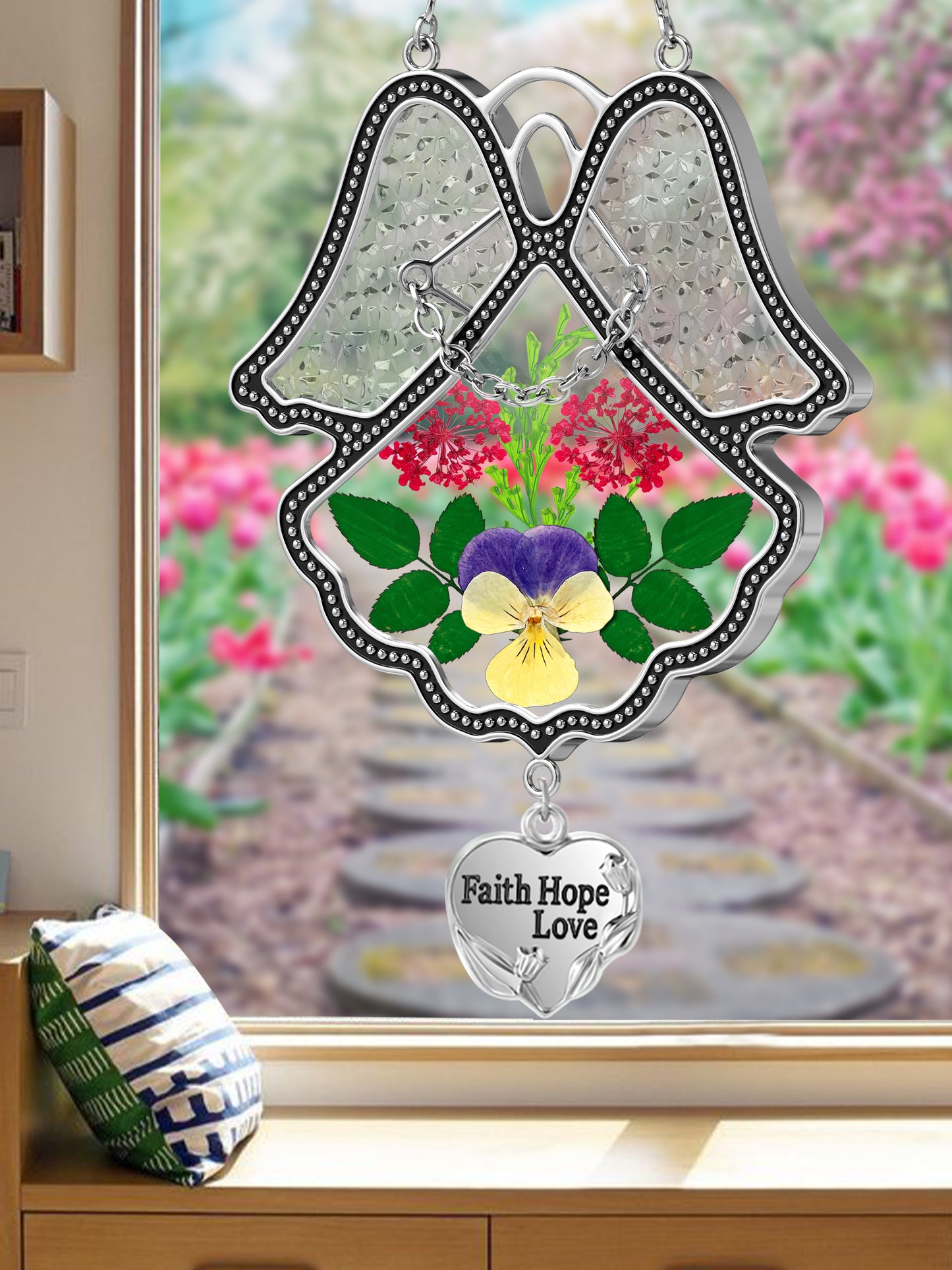 Angel Suncatcher with Real Pressed Flowers – “Faith Hope Love” Heart Charm