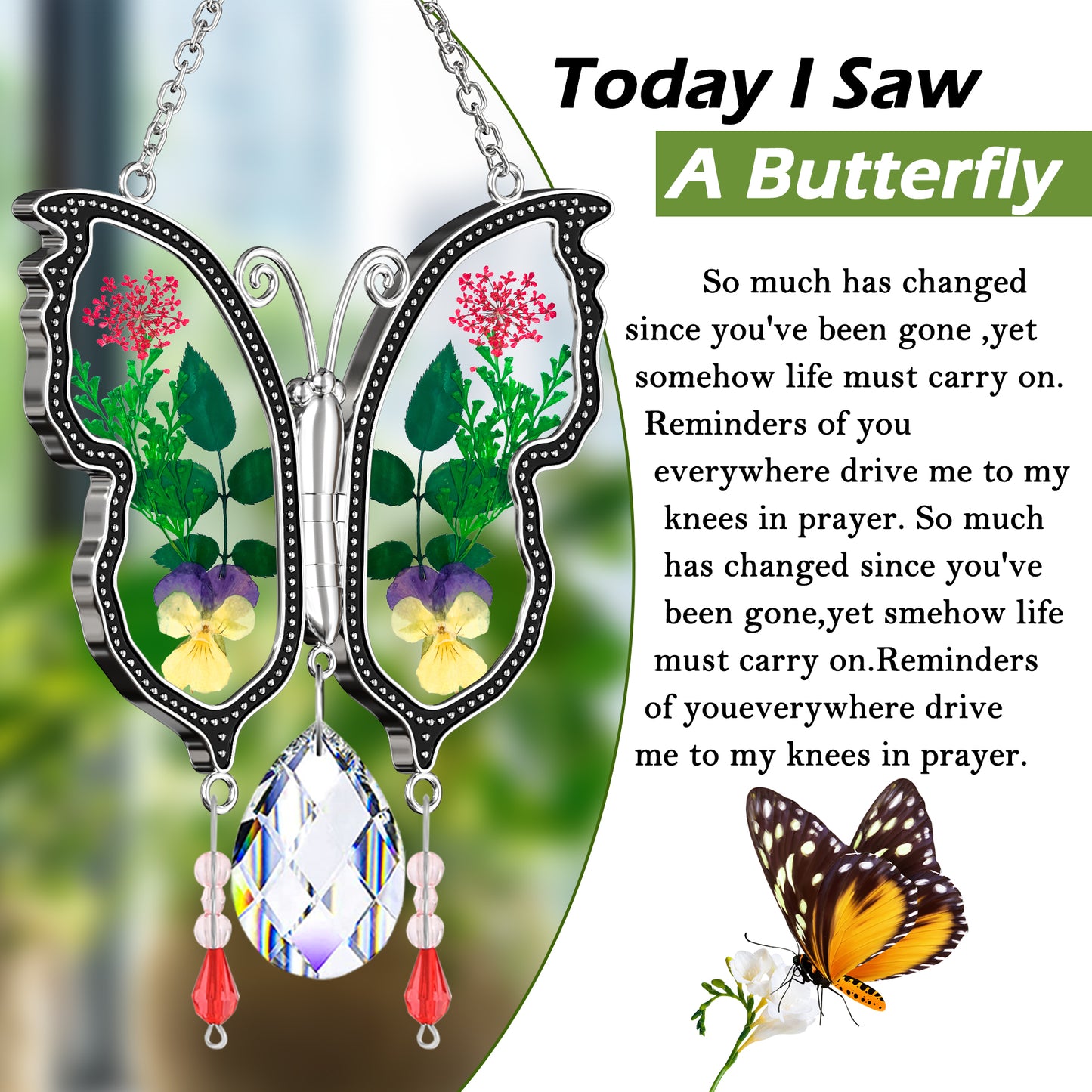 Holiday Butterfly Suncatcher – Real Flowers and Crystal Window Ornament