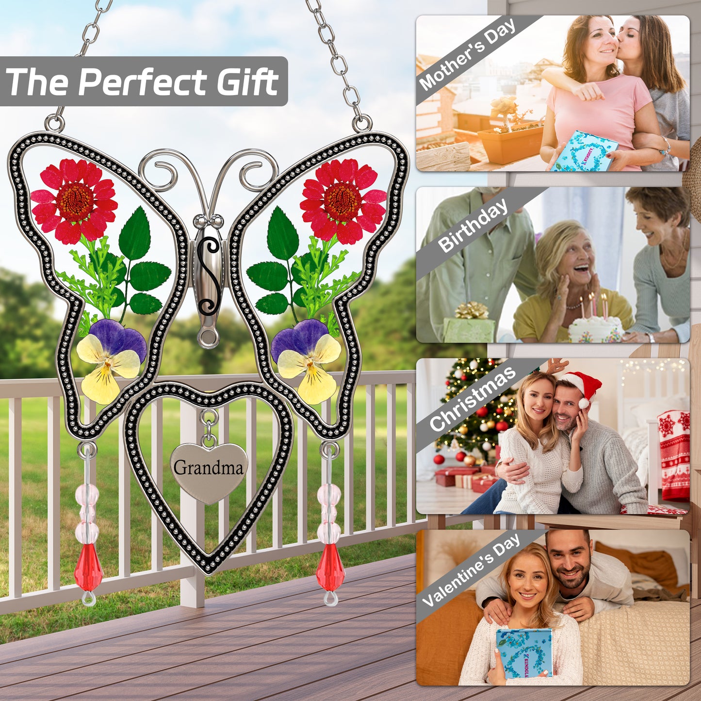 Grandma Butterfly Suncatcher with Real Pressed Flowers – Window Hanging Gift