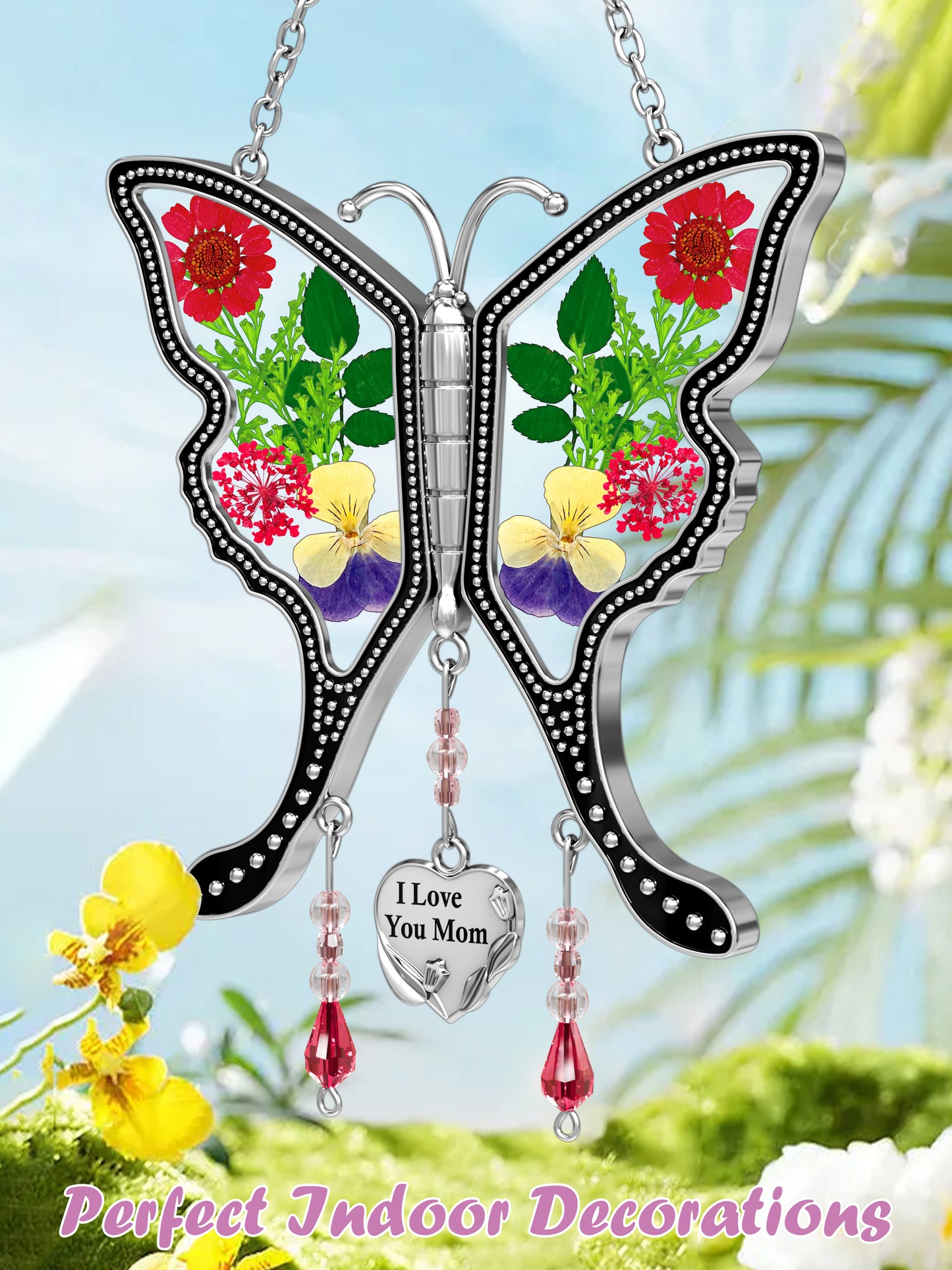 "I Love You Mom" Butterfly Sun Catcher – Handmade Glass Ornament with Real Flowers