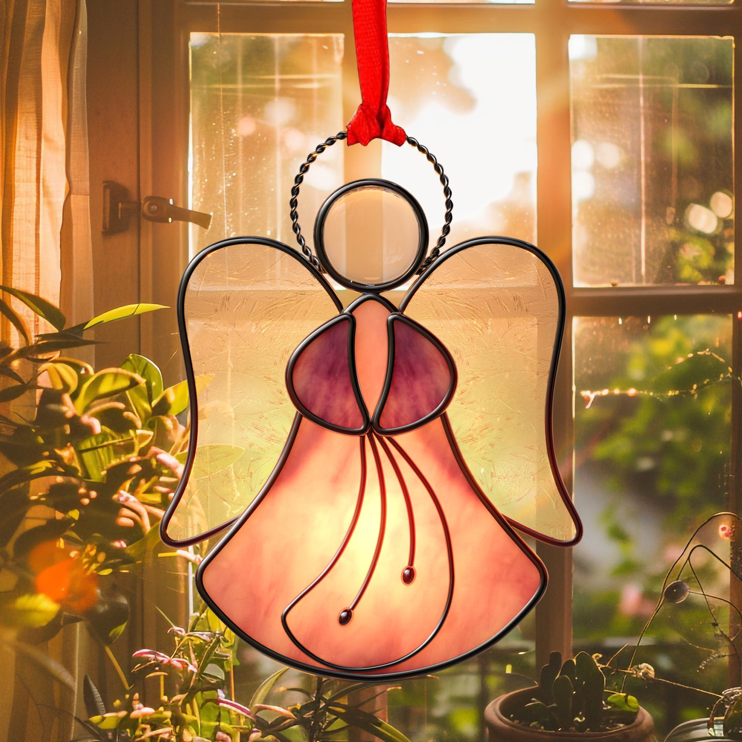 Stained Glass Angel Ornament – Amber & Clear Textured Glass Hanging Decoration
