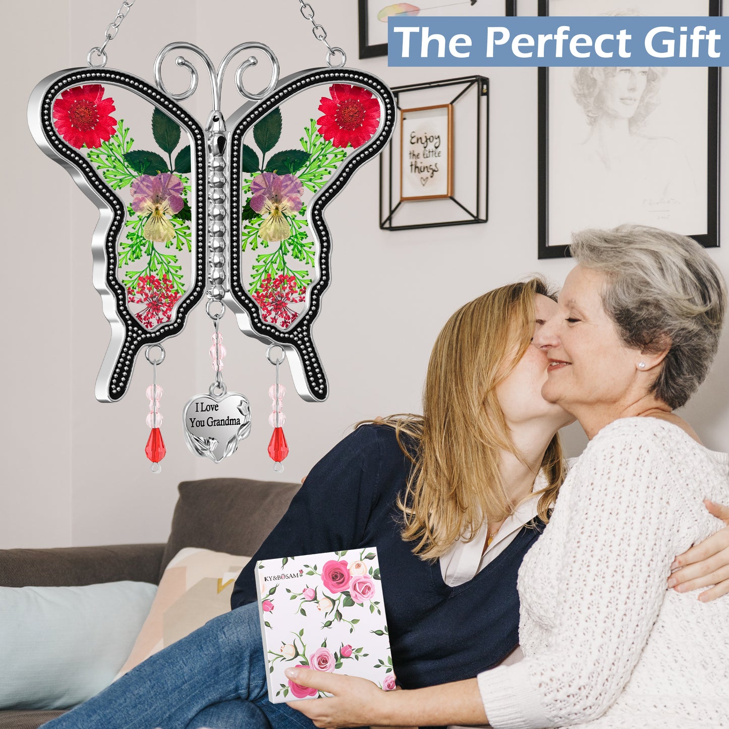 "I Love You Grandma" Butterfly Suncatcher – Handmade Glass Ornament with Real Flowers