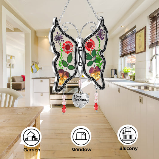 Butterfly Sun Catcher with Real Flowers – "I Love You Nana" Hanging Ornament