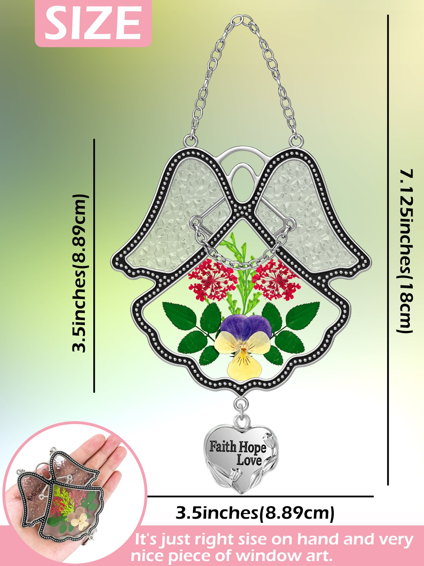 Angel Suncatcher with Real Pressed Flowers – “Faith Hope Love” Heart Charm