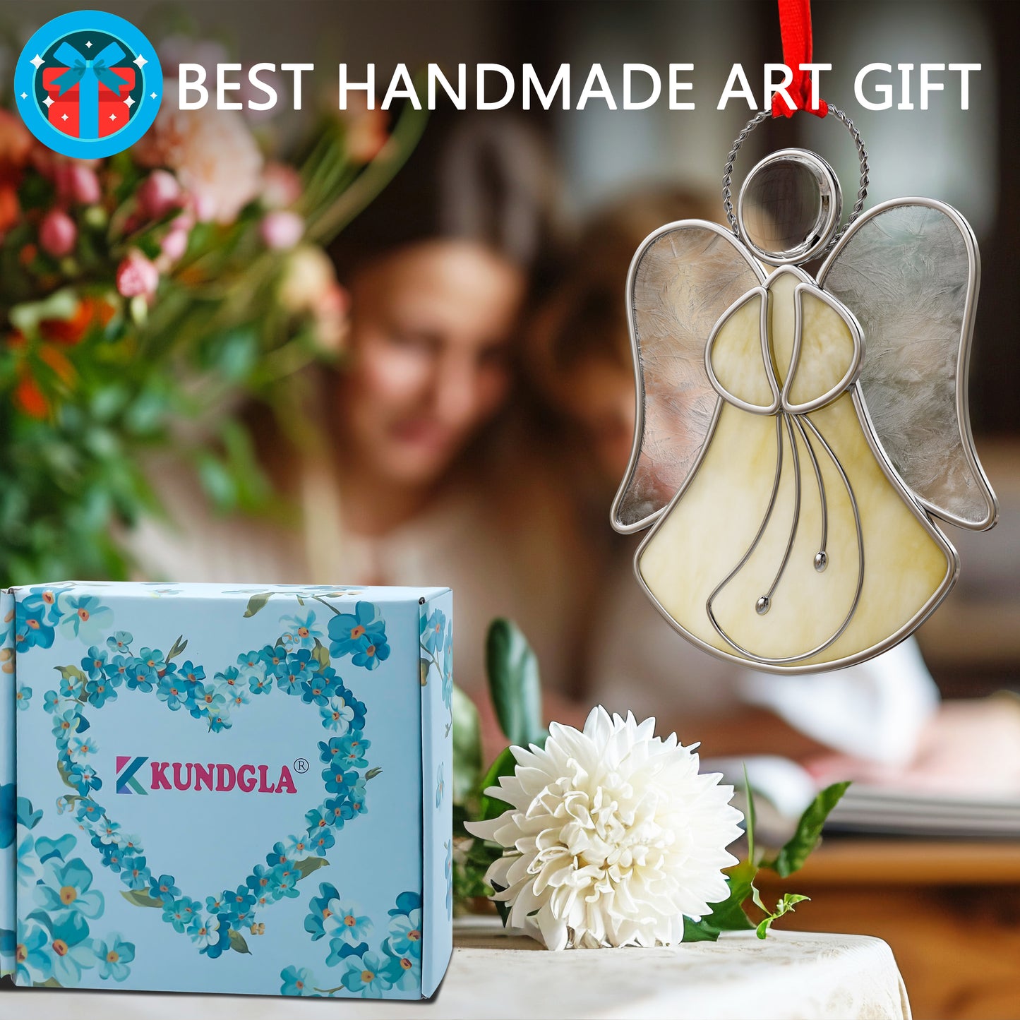 Stained Glass Angel Ornament – Amber & Clear Textured Glass Hanging Decoration