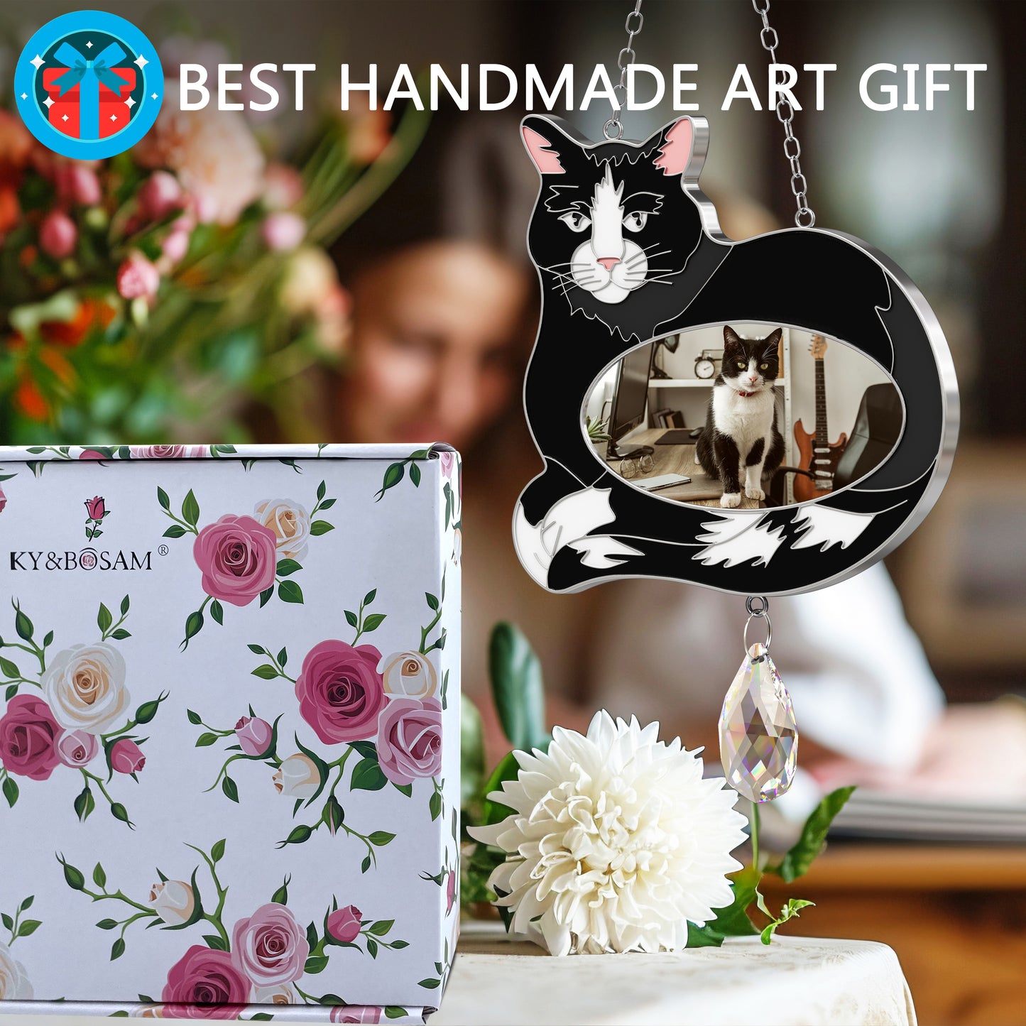 Stained Glass Black & White Cat Hanging Photo Frame with Crystal Pendant
