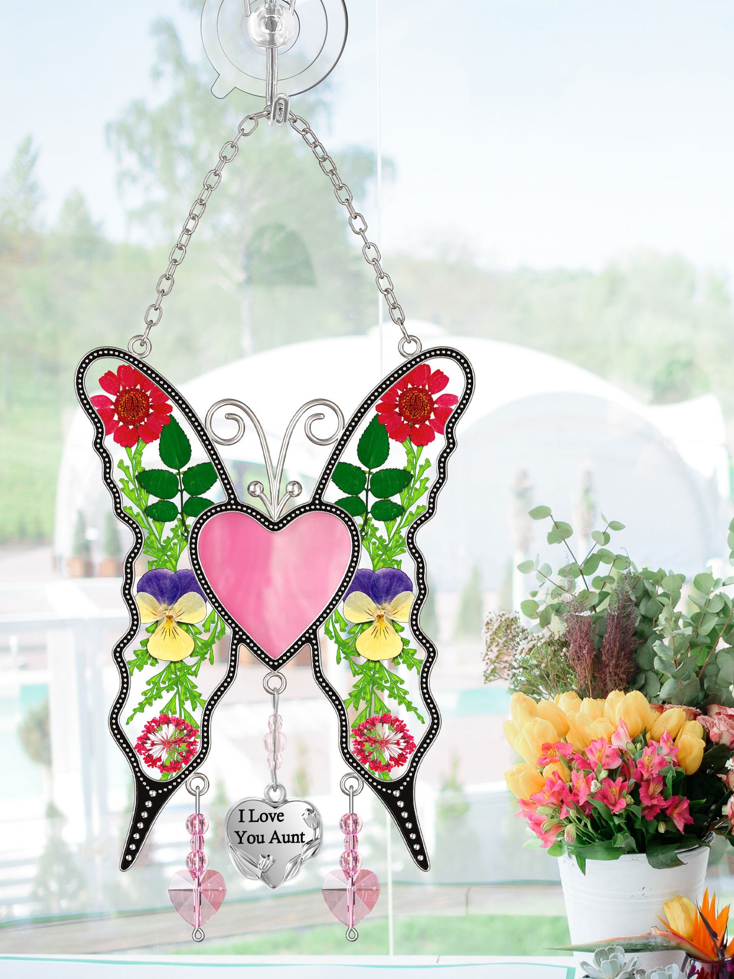 Butterfly Suncatcher with Real Flowers – "I Love You Aunt" Heart Gift