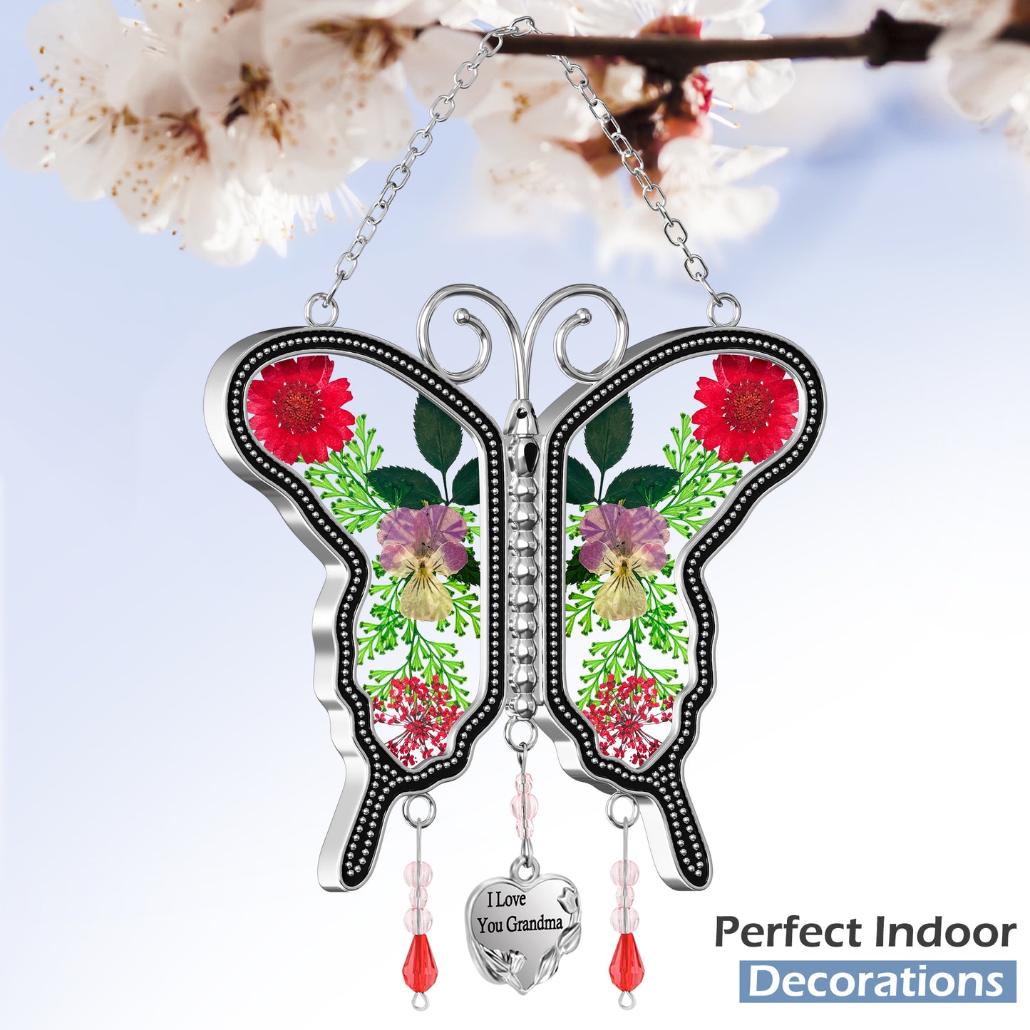 "I Love You Grandma" Butterfly Suncatcher – Handmade Glass Ornament with Real Flowers