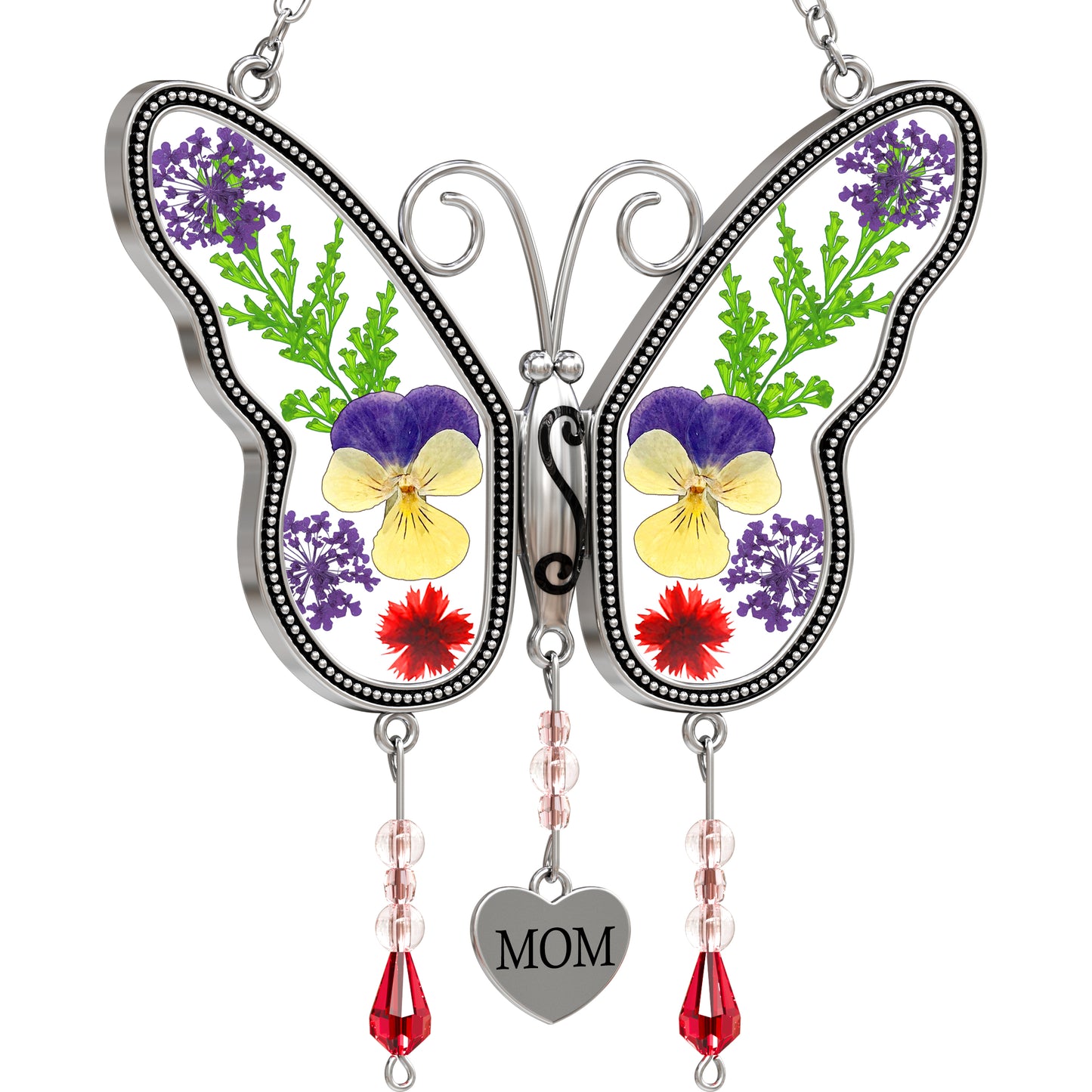 Butterfly Suncatcher with Real Pressed Flowers – “MOM” Heart Charm Window Gift