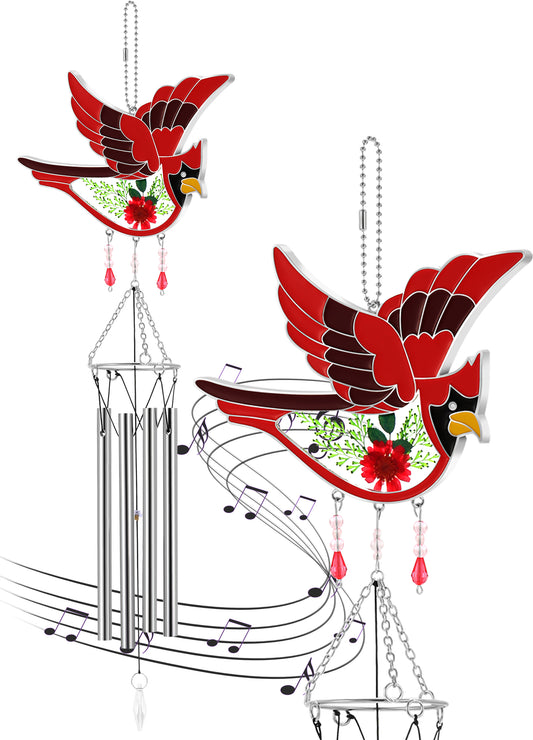 Cardinal Wind Chime – Handmade Glass Suncatcher with Real Flowers & Calming Chimes