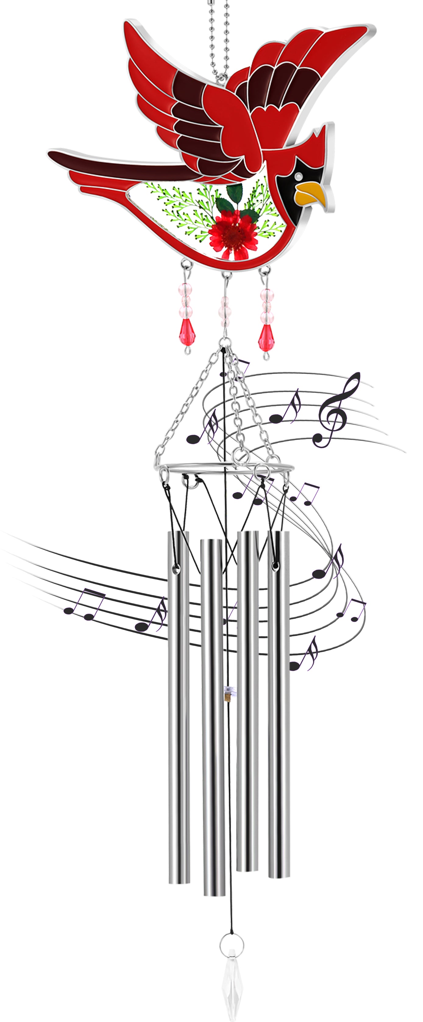 Cardinal Wind Chime – Handmade Glass Suncatcher with Real Flowers & Calming Chimes