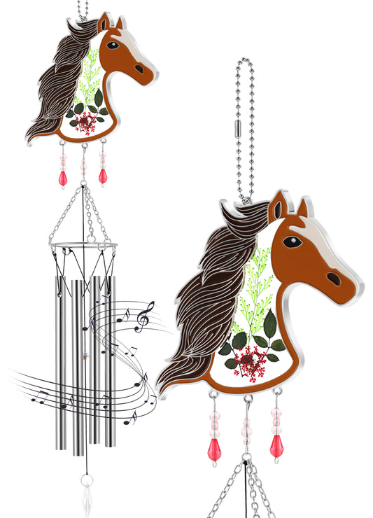 Horse Wind Chime – Handmade Glass Suncatcher with Real Flowers & Melodic Chimes