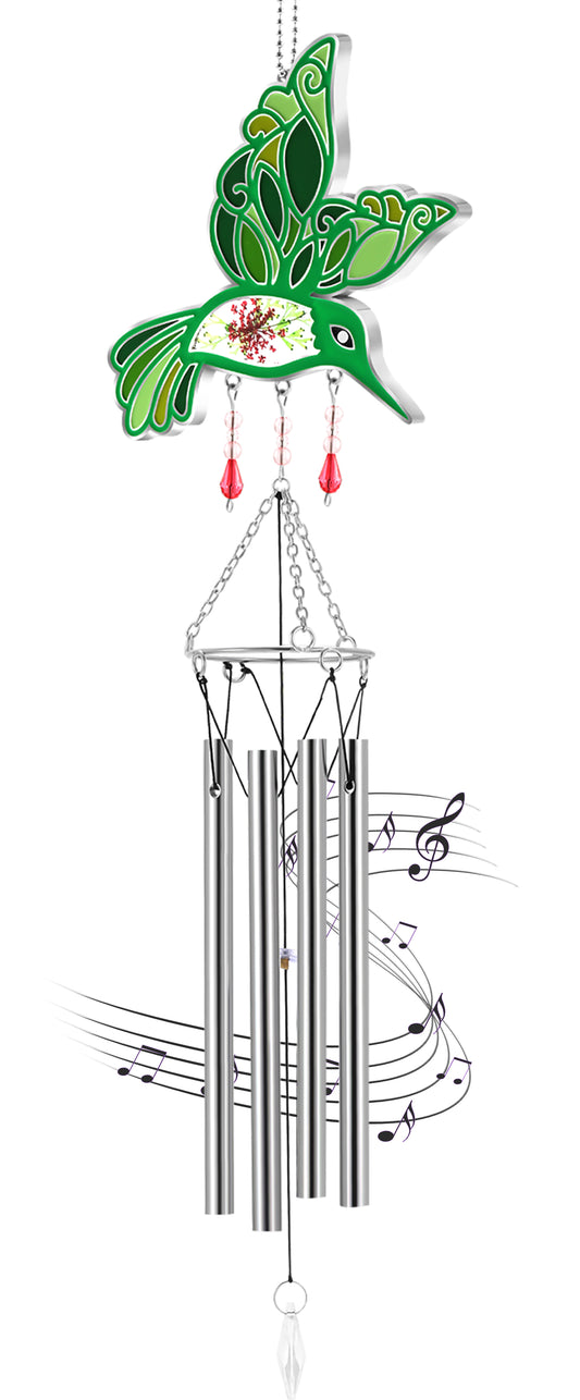 Hummingbird Wind Chime – Handmade Glass Suncatcher with Real Flowers & Soothing Chimes